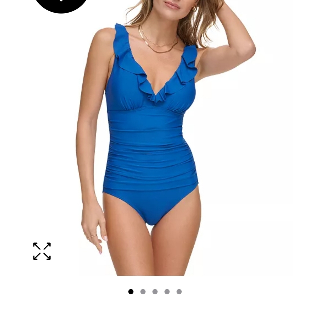 DKNY Lapis Pacific Blue Ruffle Plunge One-piece Swimsuit - Picture 4 of 4
